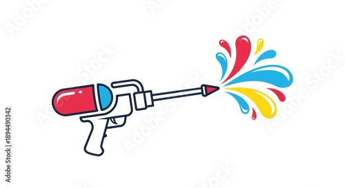 Colorful water gun spraying red blue and yellow liquid droplets in playful fun illustration for summer fun and games