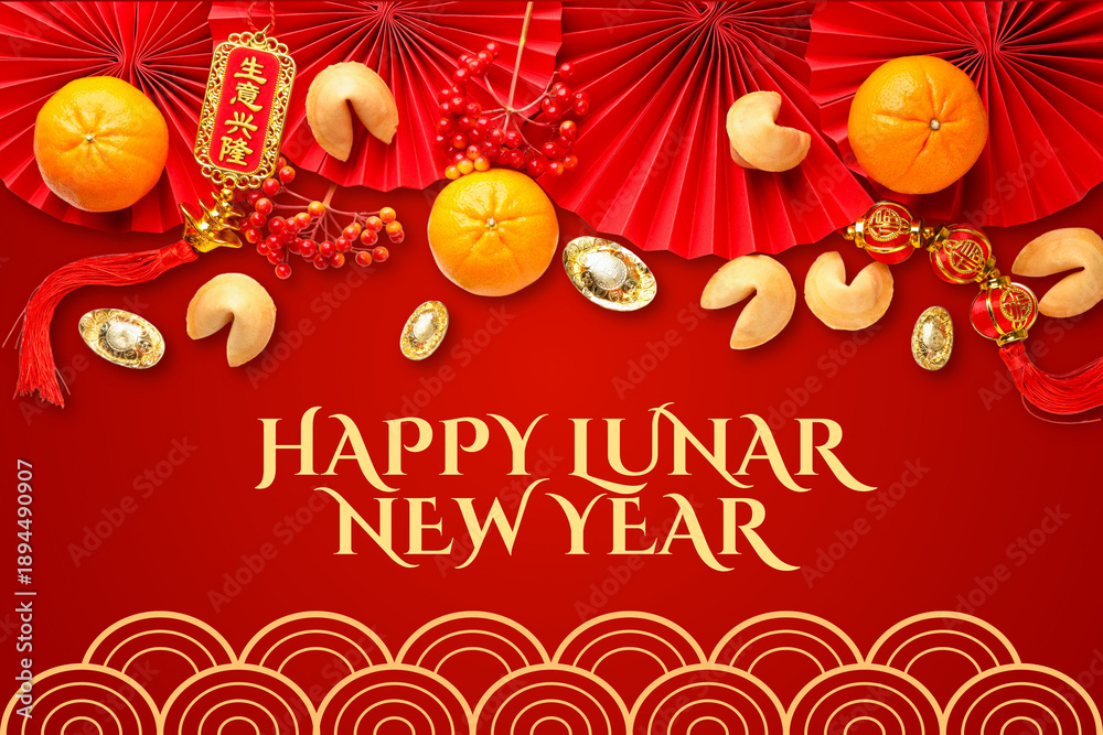 Fototapeta premium Lunar New Year design with tangerines and red decor