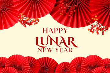 Decorative red fans and flowers celebrate Lunar New Year