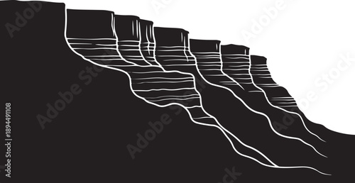 Black and white illustration of a rocky cliffside landscape