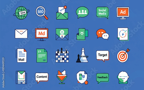 Digital Marketing & SEO Strategy Flat Icon Set