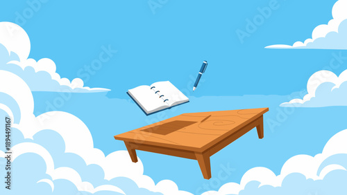Wooden Table, Open Notebook, and Pen Floating Among White Clouds in a Bright Blue Sky