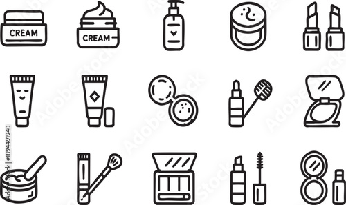 Fashion & Beauty Cosmetics Skin Care Line Icon Set