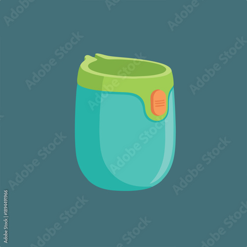 A flat-style vector illustration depicts a vibrant teal and green sippy cup with an orange button, set against a dark teal background.