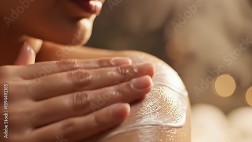 Applying Moisturizing Cream to Shoulder for Skin Hydration and Care.