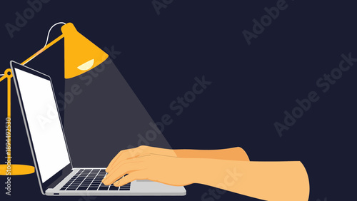 Person Working on a Laptop at Night, Illuminated by a Desk Lamp