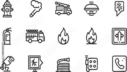 Fire Protection and Emergency Safety Linear Icons