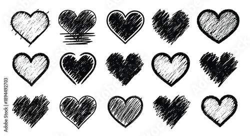 Hand drawn hearts in various styles for love and design projects