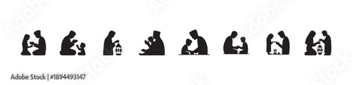 Set of vector silhouettes showing muslim parent and child interacting during prayer teaching devotion and holding lantern