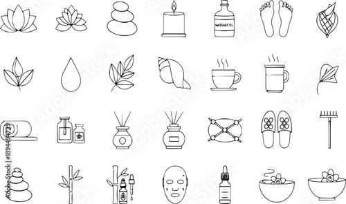 A curated set of elegant line art icons inspired by wellness, spa rituals, and holistic relaxation. Perfect for branding, packaging, websites, apps, and digital products related to self-care, beaut