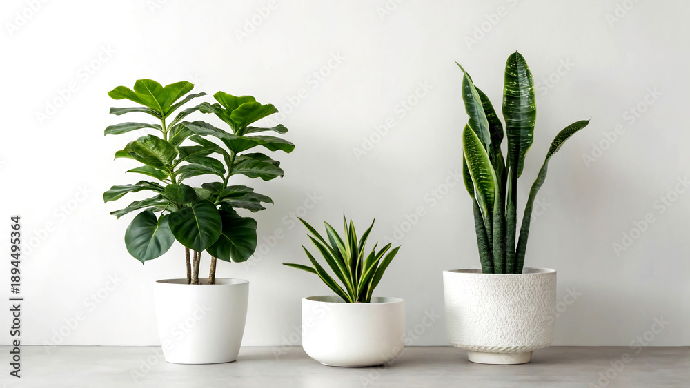 Fototapeta premium Three potted indoor plants on a white background