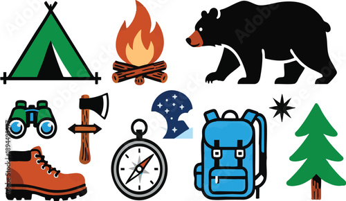 Outdoor Camping and Adventure Vector Icon Set Bundle