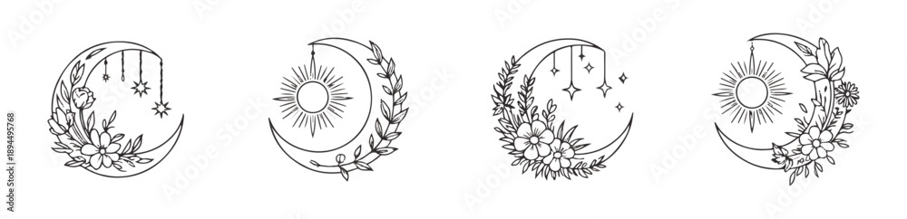 Obraz premium Boho vector moon phases design. celestial crescent moon with flowers and stars. mystical symbol