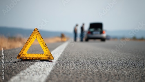 Yellow triangle warning sign on roadside, car trouble