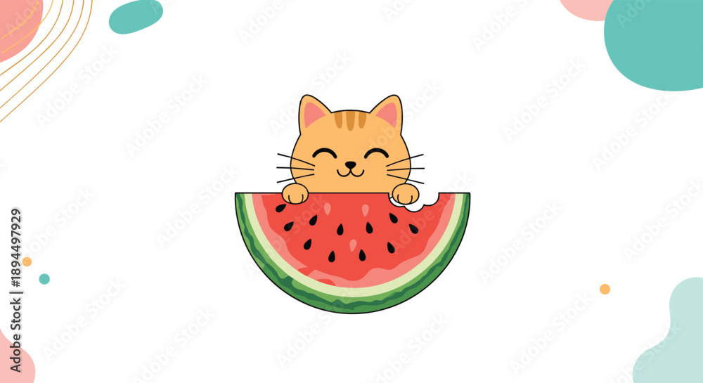 Obraz premium Adorable orange tabby cat cartoon character happily eating a large slice of watermelon, with abstract shapes in the background.