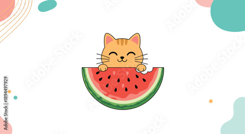 Adorable orange tabby cat cartoon character happily eating a large slice of watermelon, with abstract shapes in the background.