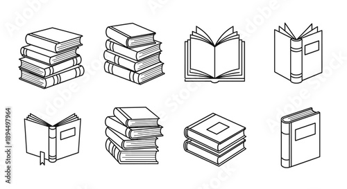 Collection of eight book icons in a simple black and white line art style, including stacks, open books, and closed books.