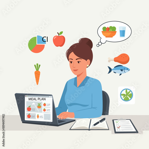 Nutritionist Creating Meal Plan

A flat vector illustration of a nutritionist working on a meal plan using a laptop or clipboard. Charts, calorie icons, and food illustrations appear. 