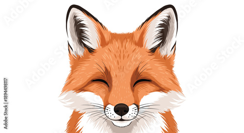 Beautiful and realistic portrait of a happy red fox's face with its eyes closed in a content smile, on white background.