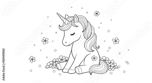 Sweet unicorn line art illustration for a coloring book, featuring a cute unicorn sitting peacefully among scattered flowers.