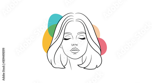 Minimalist line art portrait of a woman's face with her eyes closed, set against a backdrop of colorful abstract shapes.