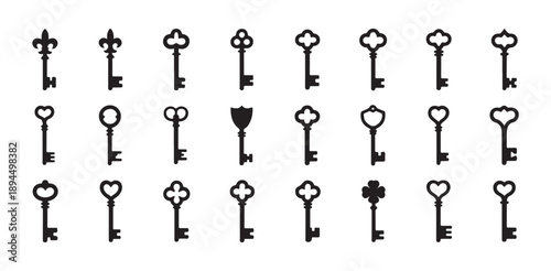 Skeleton keys silhouettes collection for creative logo design and vintage historical decor projects