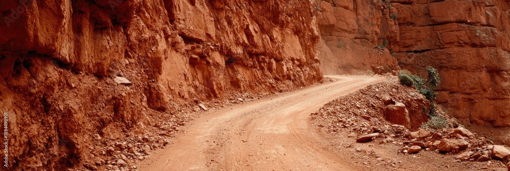 Fototapeta premium Red canyon dirt road winding through a narrow gorge