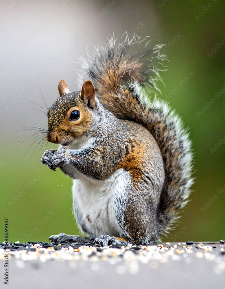 Obraz premium Cute squirrel perched, holding food, with a fluffy tail and green bokeh background
