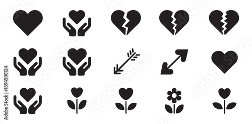 Big set of love and heart related solid black icons, hands holding hearts and flowers