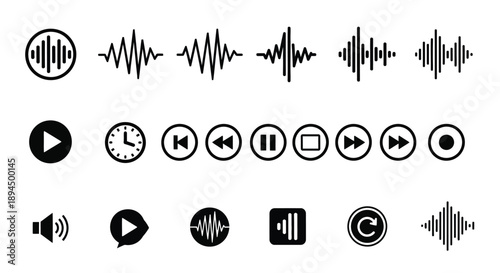 Collection of modern audio and video player icons in black