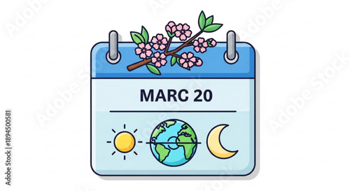 Spring equinox calendar page with cherry blossoms and earth phases
