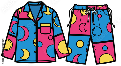 Colorful drawstring pajama set with moon and circle patterns, isolated on white background, featuring vibrant blue, pink, and yellow design elements