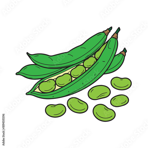A minimalist vector design showing an intact pea pod with loose peas around it, highlighted by crisp outlines, gentle gradients, and a fresh, wholesome vegetable concept.