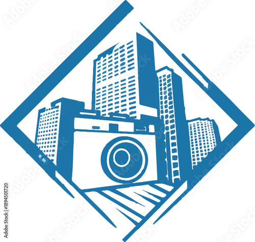 Cityscape Photography: A stylized emblem, merging a vintage camera with an urban skyline, representing the art of capturing city life.