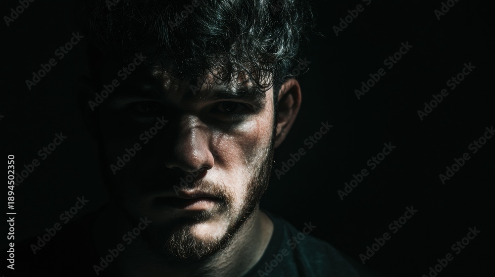 Fototapeta premium Leader Displays Strength During Crucial Moment With Intense Lighting and Serious Expression Captured in Dark Surroundings
