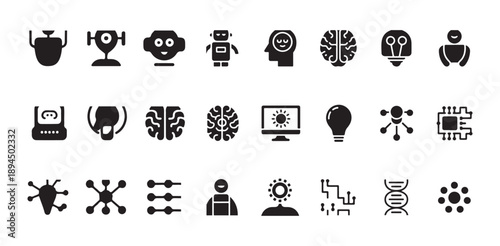 Cybernetics and future computer technology icon set black solid style for smart machine designs