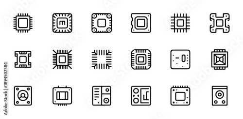 Computer microchip line icons set electronic components for processor and technology