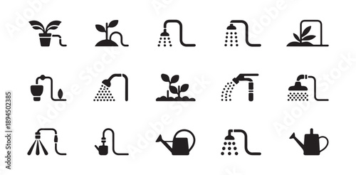 Watering plants glyph icons set gardening and agriculture irrigation system