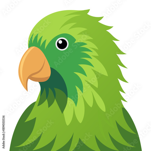 a green parrot with fluffy, layered feathers in varying shades of green, featuring a prominent orange curved beak and a large expressive eye, rendered in a flat, modern graphic design style.