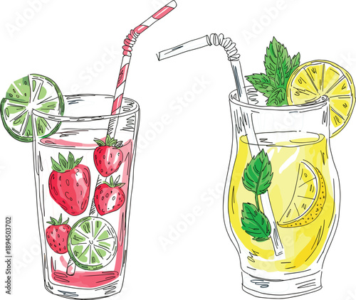 Refreshing hand drawn summer cocktails with strawberry lime and mint mojito in elegant glassware set