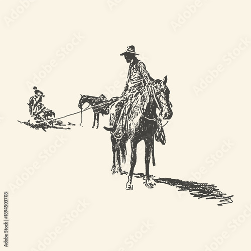 Vintage Western Illustration: Cowboy on Horseback Guides Herd in Sparse Landscape, Evoking Old West Charm and Grit