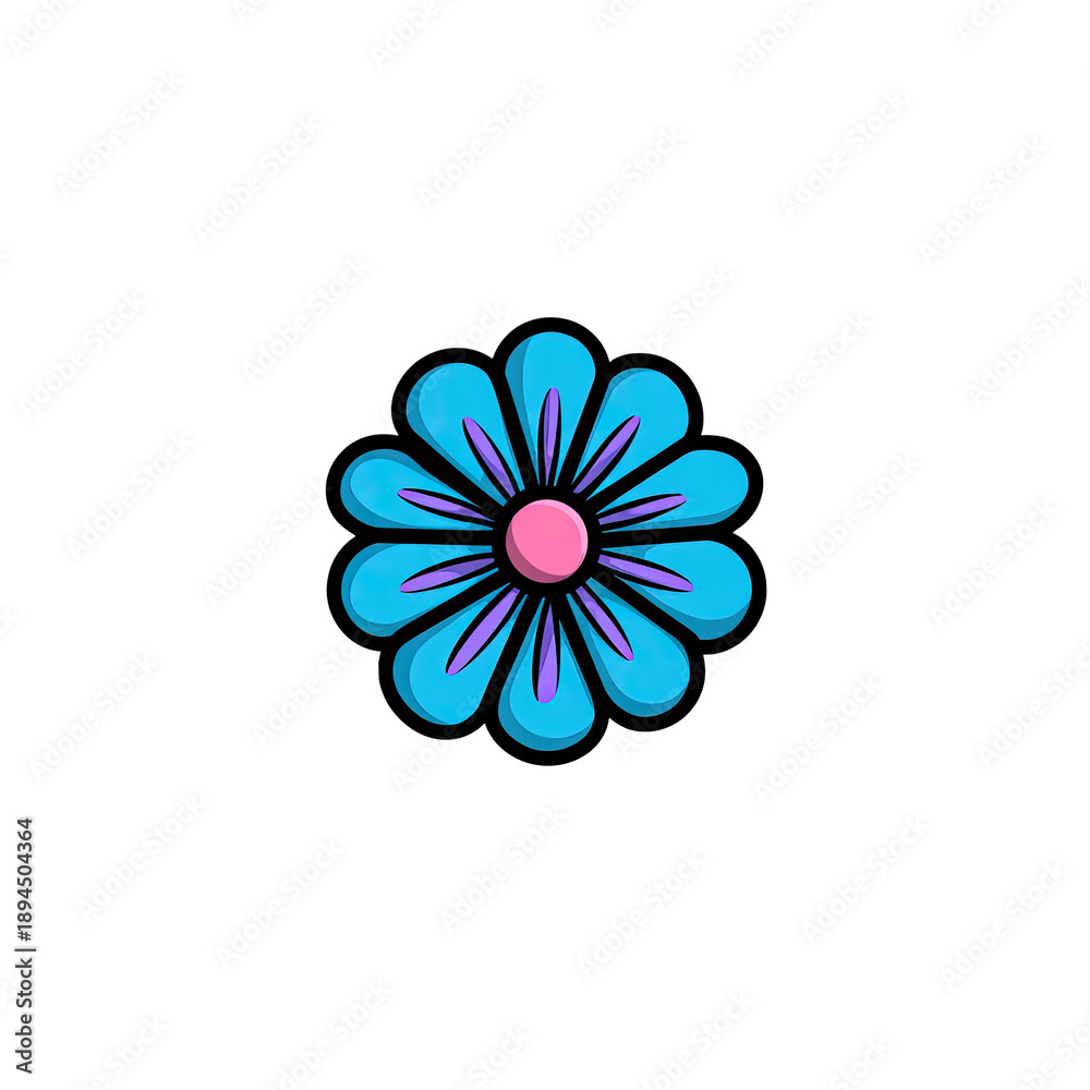 Obraz premium Cartoon-style flower with bright blue petals, violet details, pink center on black background