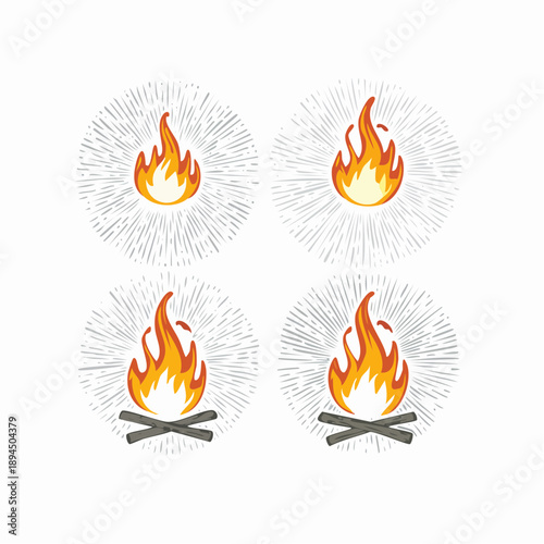 Four campfires with flames and sparks in a square arrangement on a transparent background from a direct viewpoint