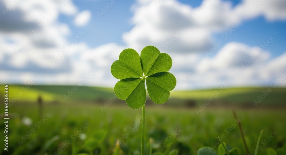 Fototapeta premium Lucky four leaf clover on st patrick's day celebrations with green landscape and blue sky
