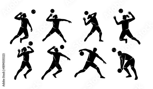 Minimal volleyball playing silhouettes vector sports icon set on white