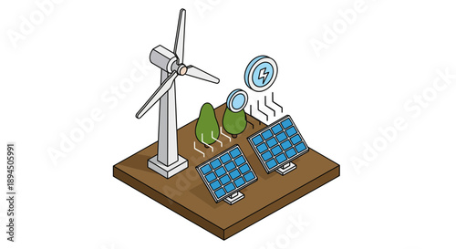 Renewable energy sources wind turbine and solar panels generating power.