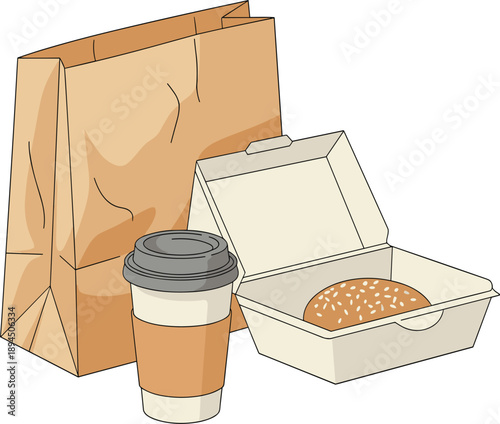 Fast food delivery collection featuring disposable coffee container sandwich box and large craft paper bag