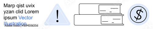 Financial management, budgeting, accounting, risk assessment, money saving, book records. Stack of books, alert sign and dollar icon. Financial management and budgeting concept