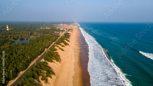 Tableau sur toile Aerial drone view of Puri Konark Marine Drive coastline in Odisha, India, showin