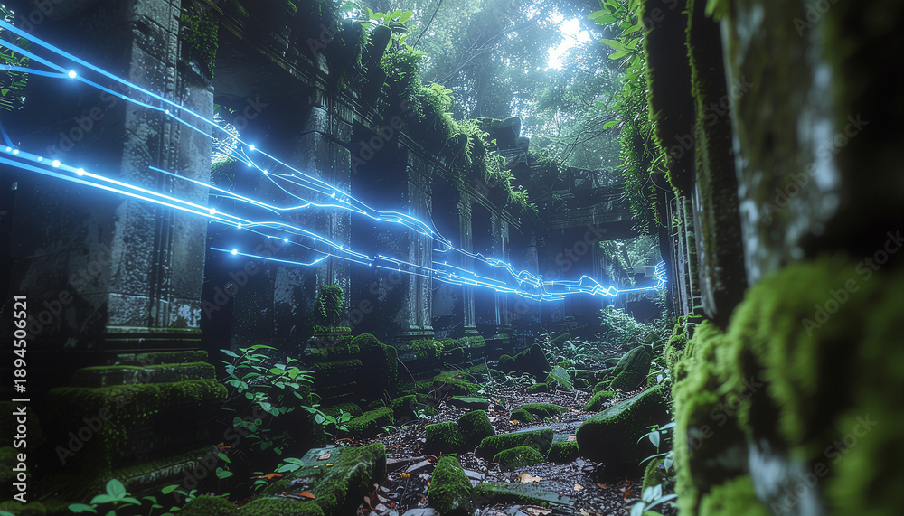Obraz premium Ancient Stone Ruins Integrated with Cyber Tech